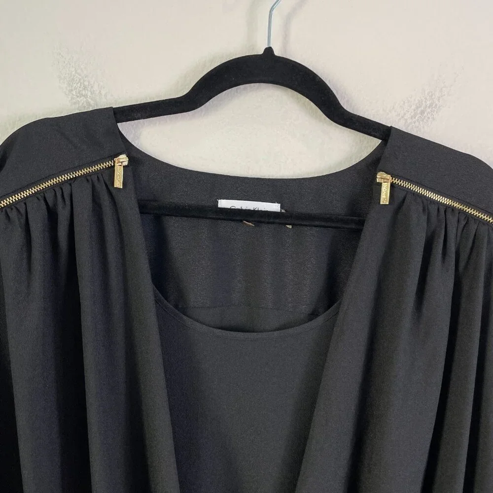 Calvin Klein Womans Plus 2X‎ Black Surplice Blouse Roll Tab Sleeve Shirt Top
